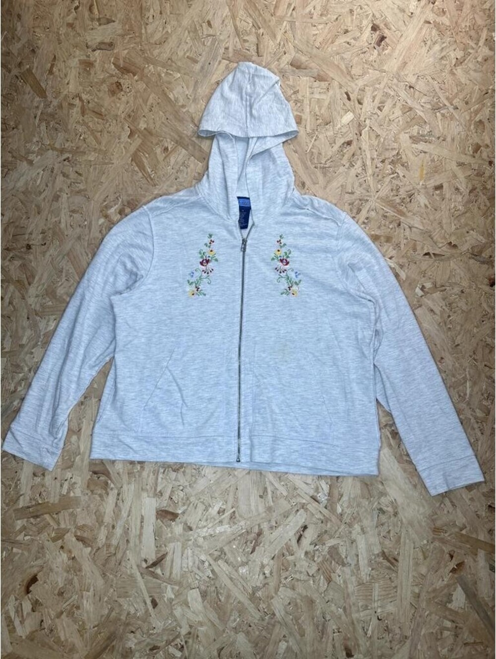 Fuda Sport Womens 1X Gray Full Zip Hoodie Sweatshirt Floral Embroidered Cotton